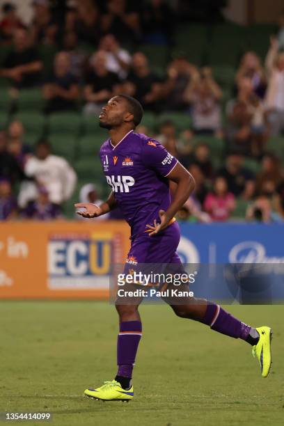 Daniel Sturridge of the Glory runs onto the field for the first game during the A-League match between Perth Glory and Adelaide United at HBF Park,...