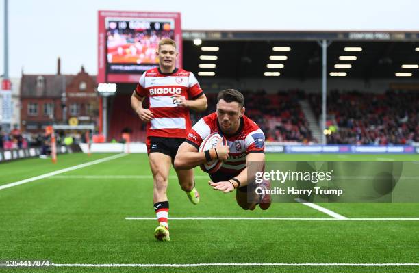 Jake Morris of Gloucester Rugby goes over to score their sides second try during the Premiership Rugby Cup match between Gloucester Rugby and Exeter...