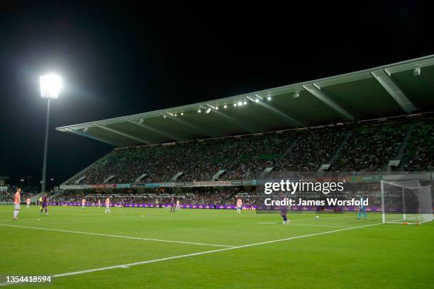 General view of the crowd from the A-League match between Perth Glory and Adelaide United at HBF Park, on November 20 in Perth, Australia.