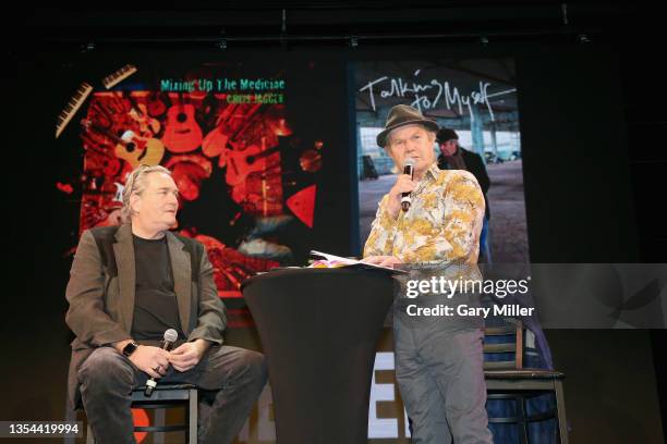 Chris Jagger and John Peyton speak during a reception celebrating the release of Jagger's new book 'Talking to Myself' and album 'Mixing Up The...