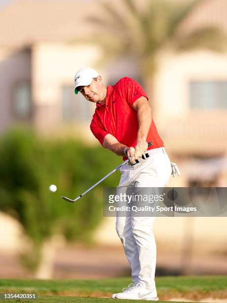 Rory Mcilroy of Northern Ireland plays a shoot during Day Three of The DP World Tour Championship at Jumeirah Golf Estates on November 20, 2021 in...