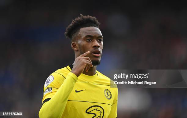 Callum Hudson-Odoi of Chelsea looks on during the Premier League match between Leicester City and Chelsea at The King Power Stadium on November 20,...