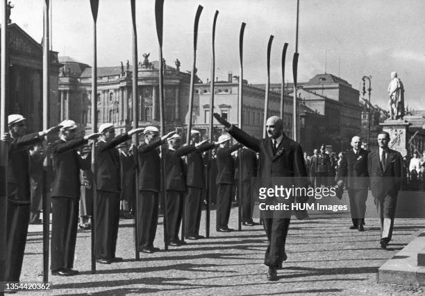 European Rowing Championships in Berlin: Rico Fioroni, the president of FISA, gives a Nazi salute to rowing delegates before laying a wreath on the...