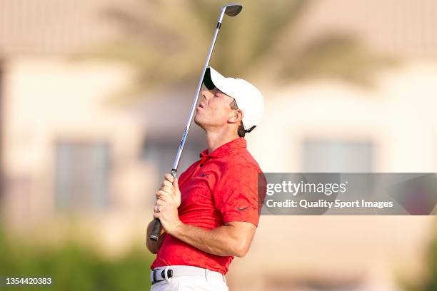 Rory Mcilroy of Northern Ireland reacts during Day Three of The DP World Tour Championship at Jumeirah Golf Estates on November 20, 2021 in Dubai,...