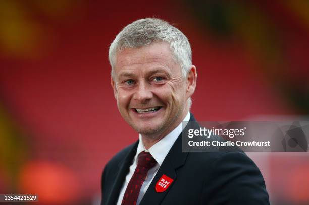 Ole Gunnar Solskjaer, Manager of Manchester United smiles prior to the Premier League match between Watford and Manchester United at Vicarage Road on...