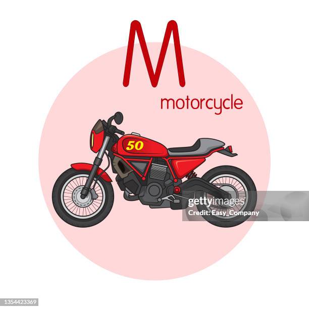 ilustraciones, imágenes clip art, dibujos animados e iconos de stock de ilustración vectorial de motocicleta con letra alfabética m mayúscula o letra mayúscula para niños aprendizaje práctica abc - motorcycle logo