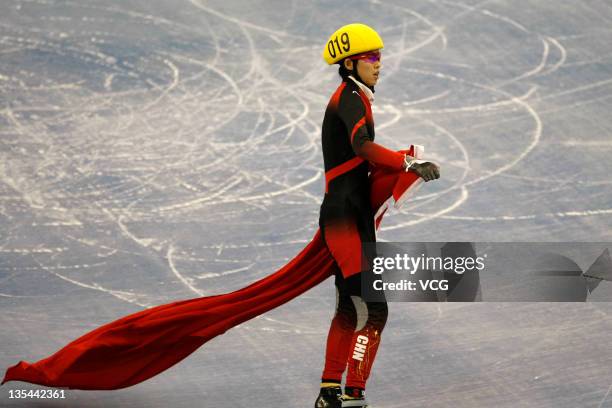 Fan Kexin of China celebrates after winning the women's 500m final during day two of 2011 ISU World Cup Short Track at Shanghai Oriental Sports...