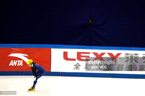 Cho Ha-ri of South Korea celebrates after winning the women's 1500m final during day two of 2011 ISU World Cup Short Track at Shanghai Oriental...
