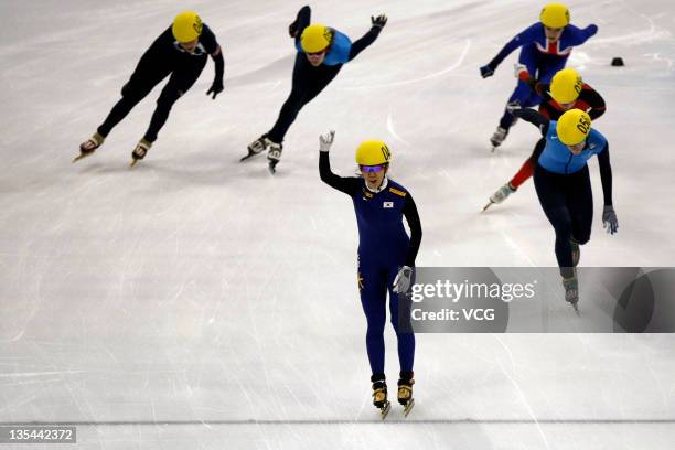 Cho Ha-ri of South Korea celebrates after winning the women's 1500m final during day two of 2011 ISU World Cup Short Track at Shanghai Oriental...