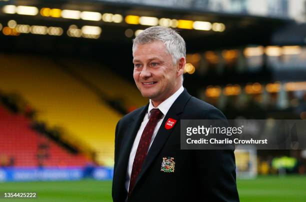 Ole Gunnar Solskjaer, Manager of Manchester United smiles prior to the Premier League match between Watford and Manchester United at Vicarage Road on...