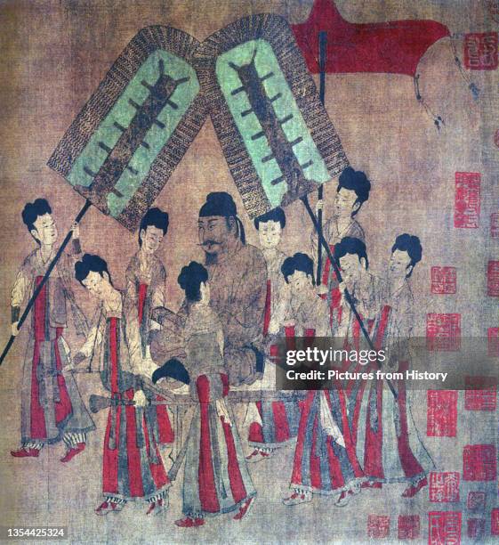 Emperor Taizong receives Ludongzan, ambassador of Tibet, at his court; painted in 641 CE by Yan Liben ; detail from scroll painting. Emperor Taizong...