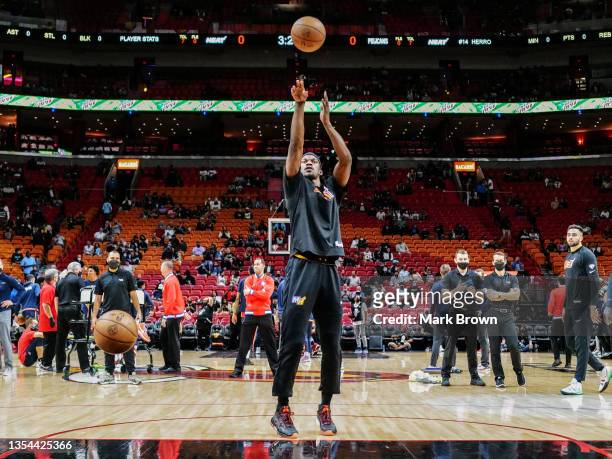 Jimmy Butler of the Miami Heat shoots the ball during warm ups prior to the game against the New Orleans Pelicans at FTX Arena on November 17, 2021...