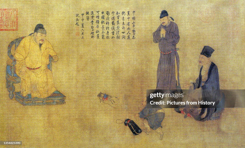 Tang Chinese Ruler Emperor Xuanzong giving audience to Zhang Guo, one of the 'Eight ...
