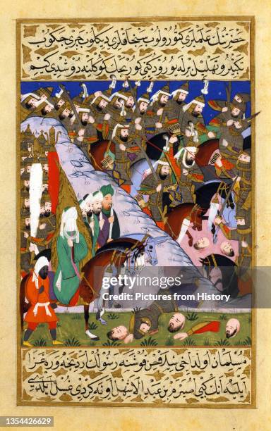 Late 16th century minature of the Prophet Muhammad and the Muslim army at the Battle of Uhud, near Mecca, in 625. The painting was commissioned by...