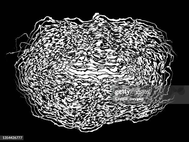 abstract white wave tangled splines shape fiber cable line on black background. black white abstract scribbles, chaos doodles art - brain electricity stock-fotos und bilder