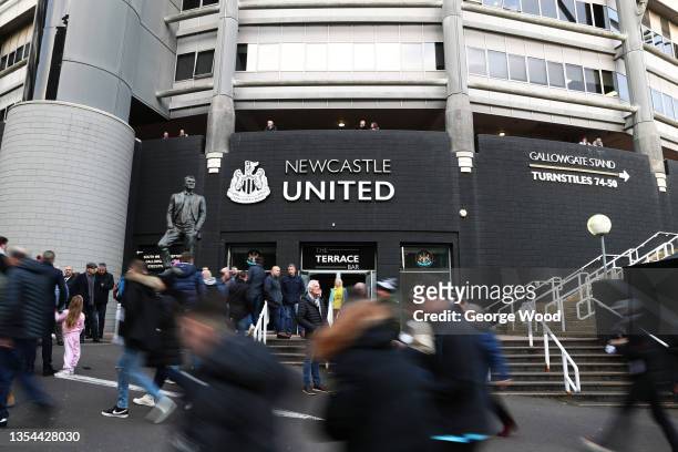 General view outside the stadium prior to the Premier League match between Newcastle United and Brentford at St. James Park on November 20, 2021 in...