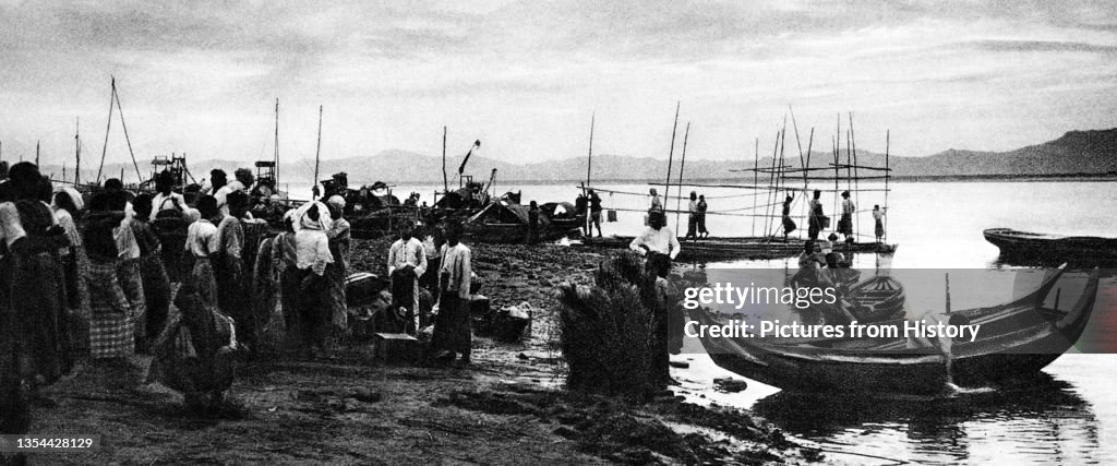 Burma/ Myanmar: Boats docked on the Irrawaddy River near Pagan, c.1920s.
