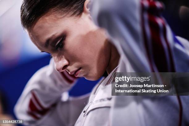 Anna Shcherbakova of Russia prepares in the Women's Free Skating during the ISU Grand Prix of Figure Skating - Internationaux de France at Polesud...