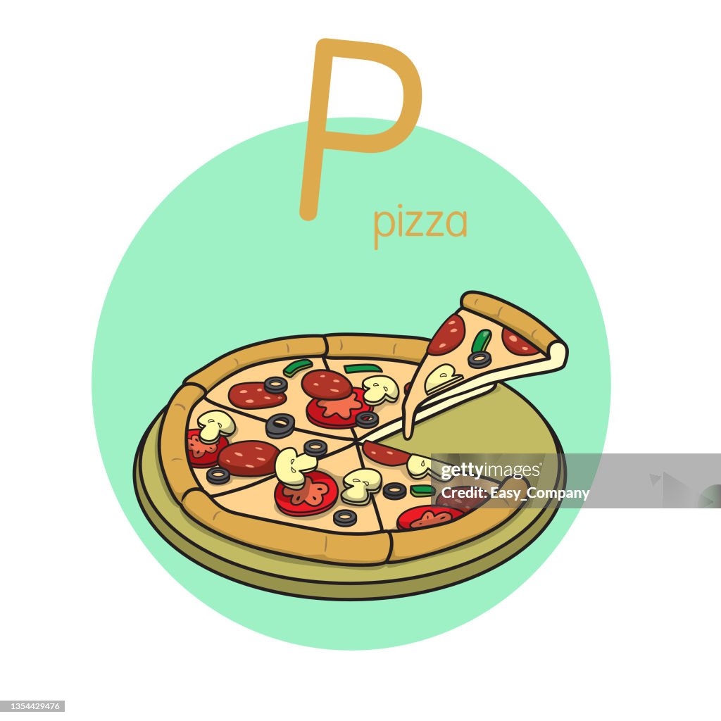 Vector illustration of Pizza with alphabet letter P Upper case or capital letter for children learning practice ABC