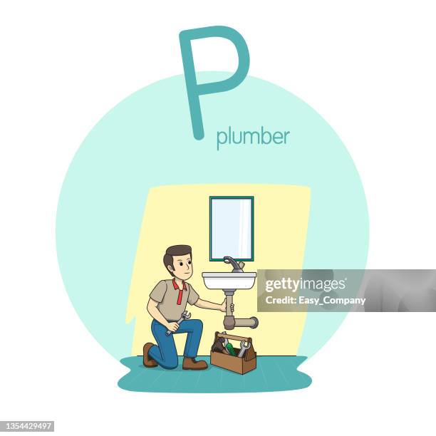 vector illustration of plumber with alphabet letter p upper case or capital letter for children learning practice abc - bathroom organization stock illustrations