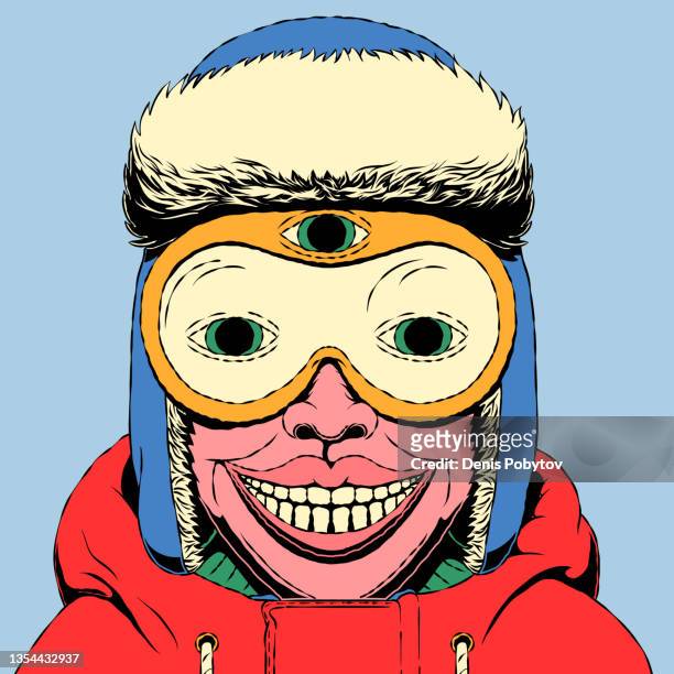 ilustraciones, imágenes clip art, dibujos animados e iconos de stock de ilustración divertida de dibujos animados surrealistas dibujados a mano - hombre con gafas de esquí - funny snow skiing