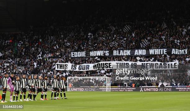 Newcastle United fans display banners welcoming Eddie Howe, Manager of Newcastle United , who misses the match due to a positive COVID-19 test result...