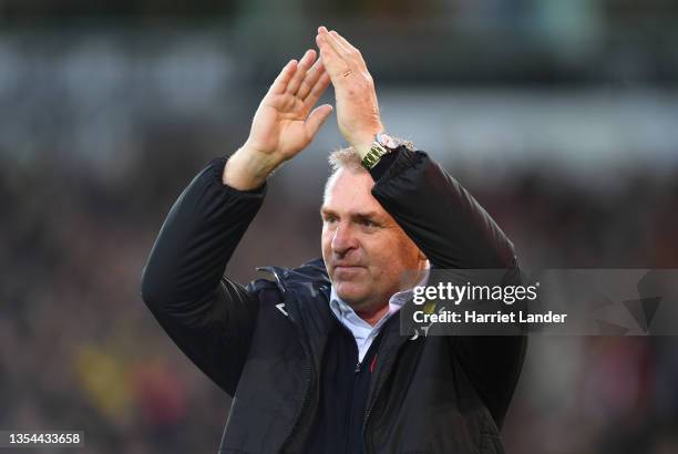 Dean Smith, Manager of Norwich City acknowledges the fans prior to the Premier League match between Norwich City and Southampton at Carrow Road on...