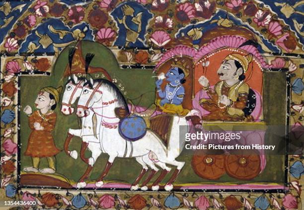 This famous scene from Hindu mythology features the god Krishna with his cousin, Prince Arjuna, on a chariot heading into war against each other....