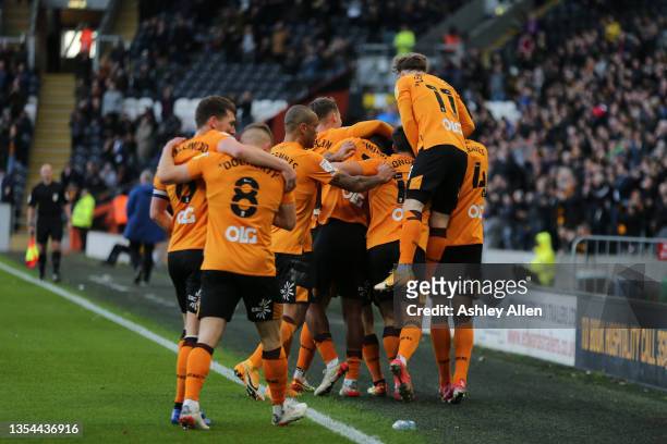 Hull City players celebrate George Honeyman's goal during the Sky Bet Championship match between Hull City and Birmingham City at MKM Stadium on...