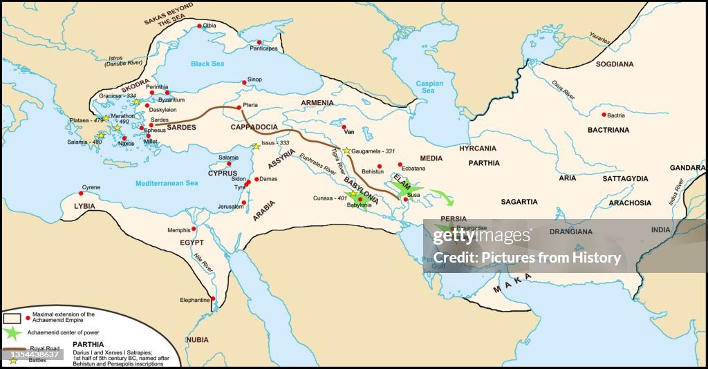Middle East: Map of the Persian Achaemenid Empire and the section of the Royal Road noted by Herodotus, c. 5th century BCE. Map by Fabienkhan (CC BY-SA 3.0 License)
