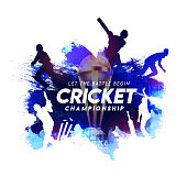 Illustration of batsman and bowler playing cricket championship sports with trophy on blue abstract paint stroke background
