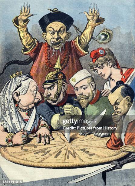 Pie represents 'Chine' and is being divided between caricatures of Queen Victoria of the United Kingdom, William II of Germany , Nicholas II of...