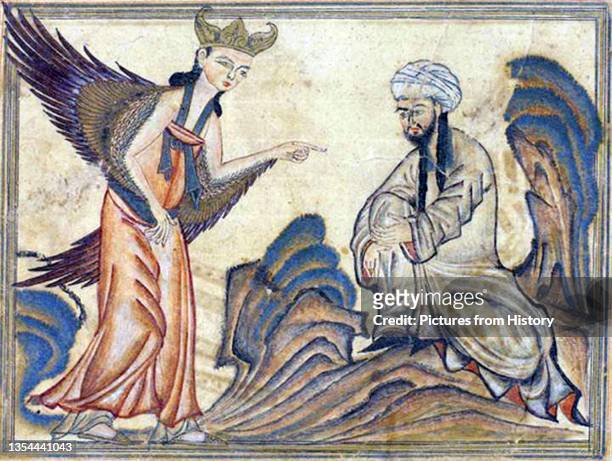 The Prophet Muhammad receiving his first revelation from the angel Jibril . Miniature illustration on vellum from the book Jami' at-Tawarikh , by...