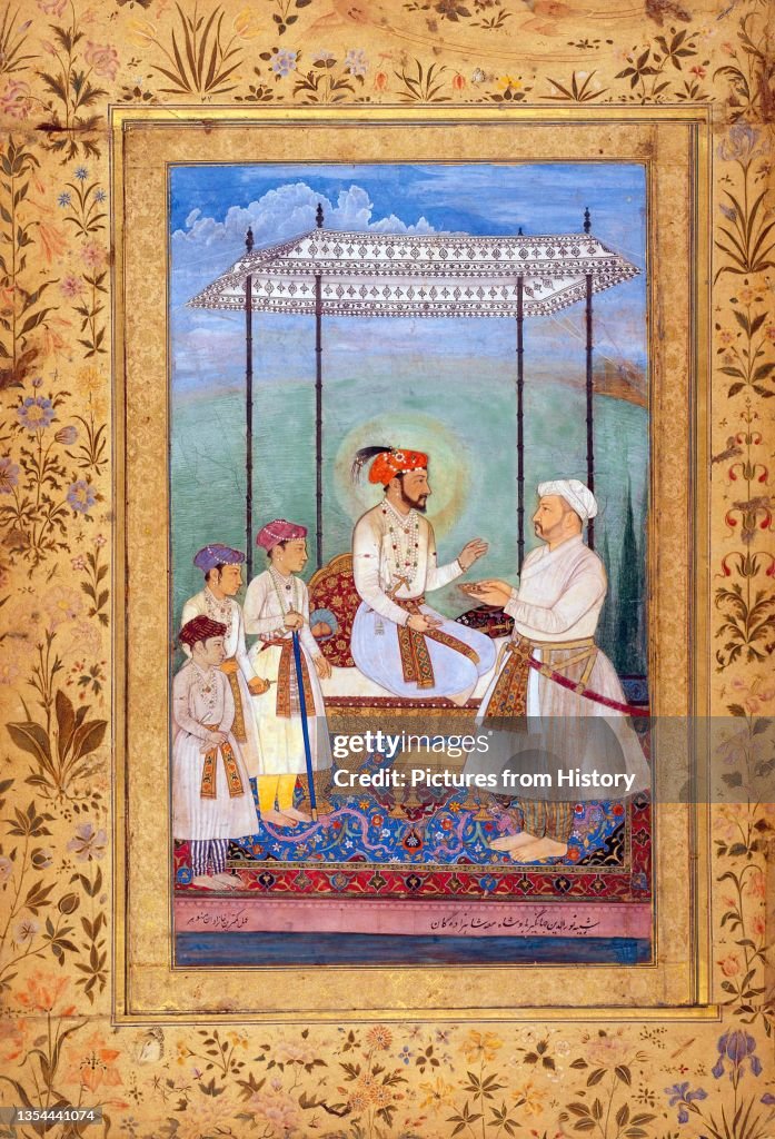 India: Shah Jahan with his three young sons, Dara Shikoh, Shah Shuja and Aurangzeb, their maternal uncle Asaf Khan to the right. c. 1630