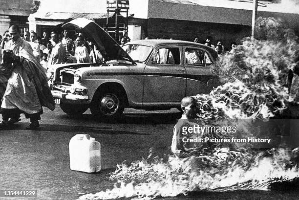 Buddhist monks, especially from Hue in Central Vietnam, but also from other locations including Saigon, practiced self-immolation to protest the...