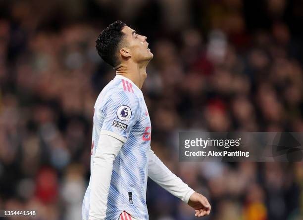 Cristiano Ronaldo of Manchester United looks dejected after conceding a second goal during the Premier League match between Watford and Manchester...