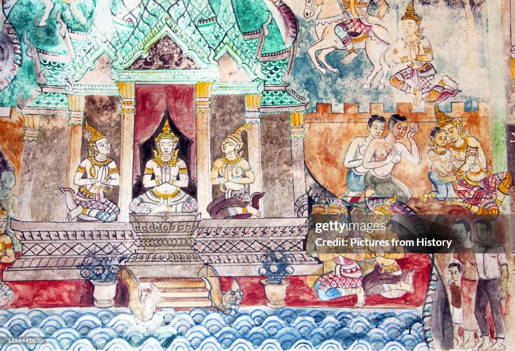 Thailand: Mural scene from the Buddhist Jataka tales on the front of the viharn at Wat Si Khun Mueang, Chiang Khan, Loei Province