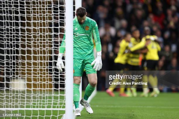 David De Gea of Manchester United looks dejected after conceding the first goal during the Premier League match between Watford and Manchester United...