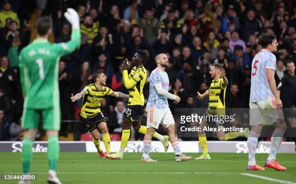 Ismaila Sarr of Watford FC celebrates with teammates after scoring their team's second goal during the Premier League match between Watford and...