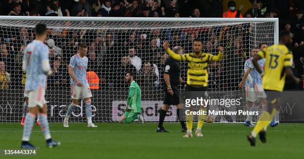 David de Gea of Manchester United reacts to conceding a goal to Ismaila Sarr of Watford during the Premier League match between Watford and...