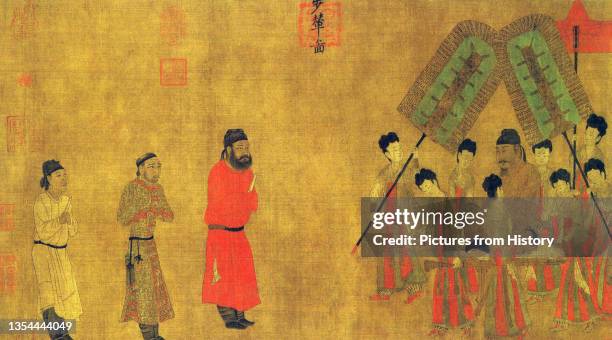 Emperor Taizong receives Ludongzan, ambassador of Tibet, at his court, painted in 641 CE by Yan Liben . Emperor Taizong of Tang , personal name Li...