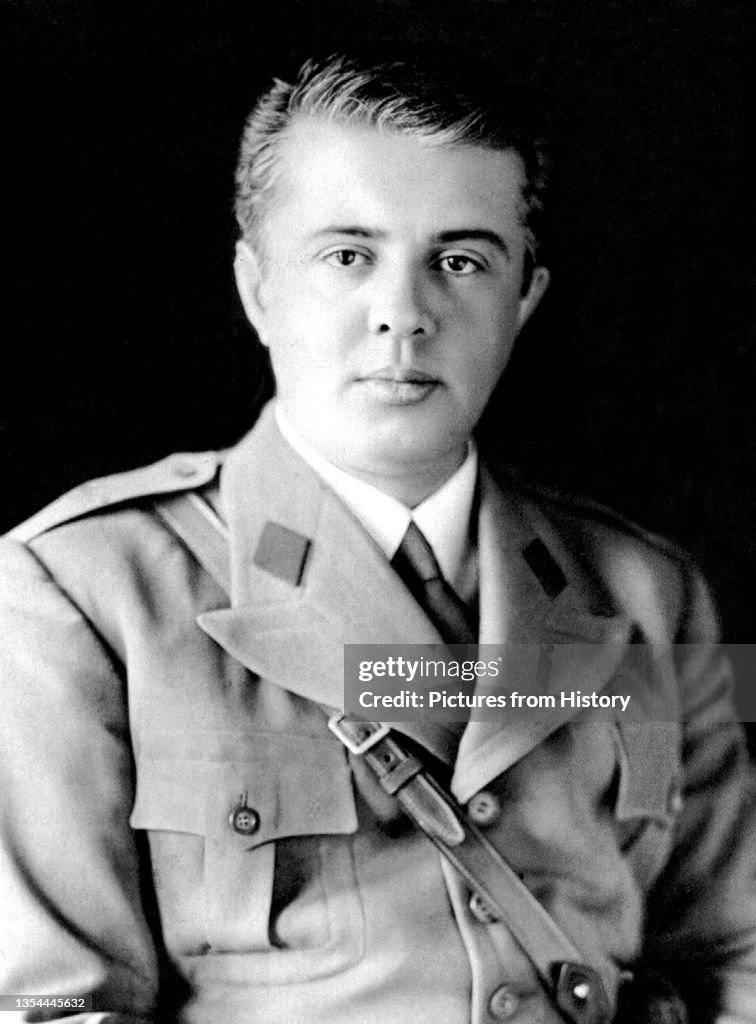 Official portrait of Enver Hoxha as a young military officer.