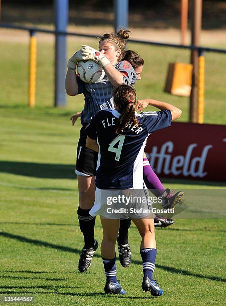 Brianna Davey of the Victory saves a shot at goal during the round eight W-League match between the Perth Glory and the Melbourne Victory at 6PR...