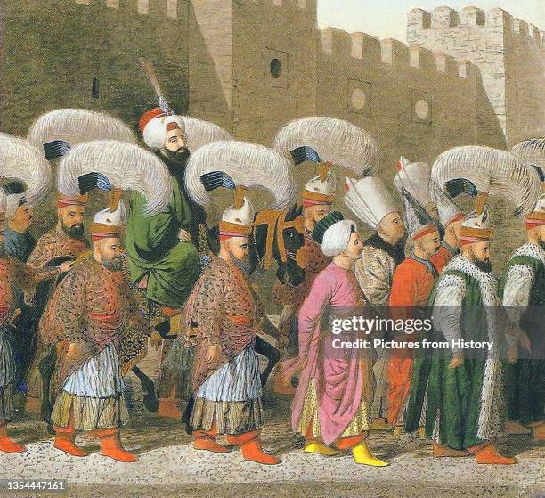 Pictured here is the Sultan leaving Topkapi Palace for Friday prayers in one of the capital's mosques circa 1810 by an unknown artist. The...