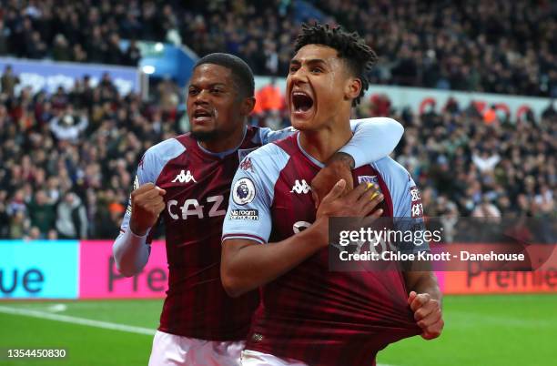 Ollie Watkins of Aston Villa celebrates scoring his teams first goal during the Premier League match between Aston Villa and Brighton & Hove Albion...