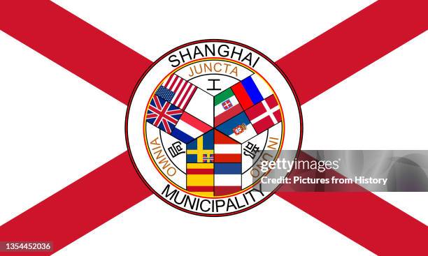 The flag of Shanghai International Settlement. The flags are: Top left: Great Britain, United States, France, Germany. Top right: Russia, Denmark,...