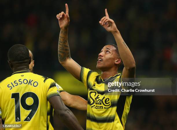 Joao Pedro of Watford FC celebrates after scoring their team's third goal during the Premier League match between Watford and Manchester United at...