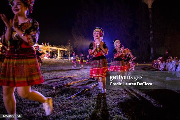 Thai traditional dancers perform at the Yee Peng Festival on November 20, 2021 inLamphun, Thailand. The Gassan Panorama Golf Course in northern...
