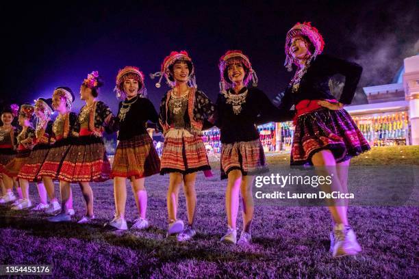 Thai traditional dancers perform at the Yee Peng Festival on November 20, 2021 inLamphun, Thailand. The Gassan Panorama Golf Course in northern...