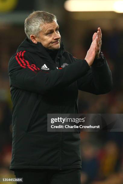 Ole Gunnar Solskjaer, Manager of Manchester United acknowledges the fans following the Premier League match between Watford and Manchester United at...